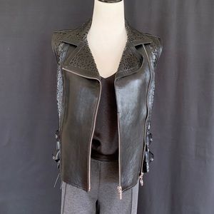 Tadashi Shoji Black Leather lasercut Moto Vest CA